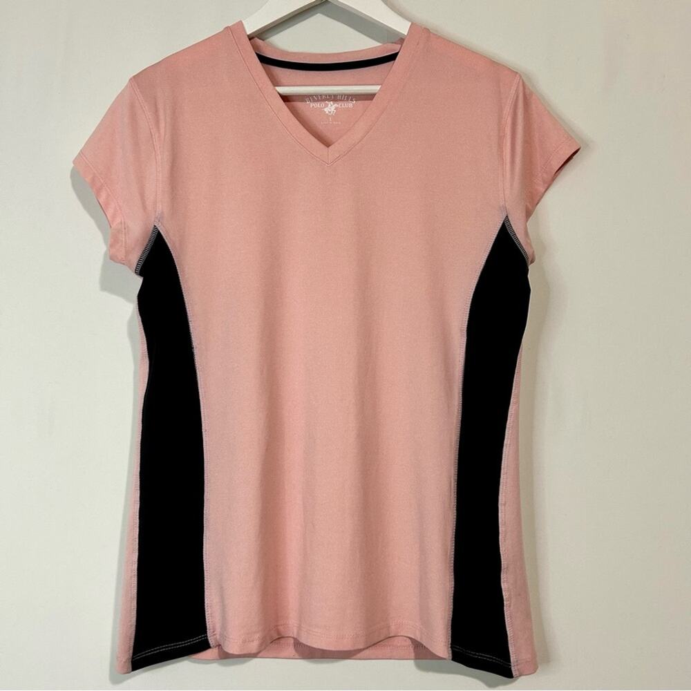 Beverly Hills Polo Club Women’s Short Sleeve V Neck T Shirt Pink Black Large EUC